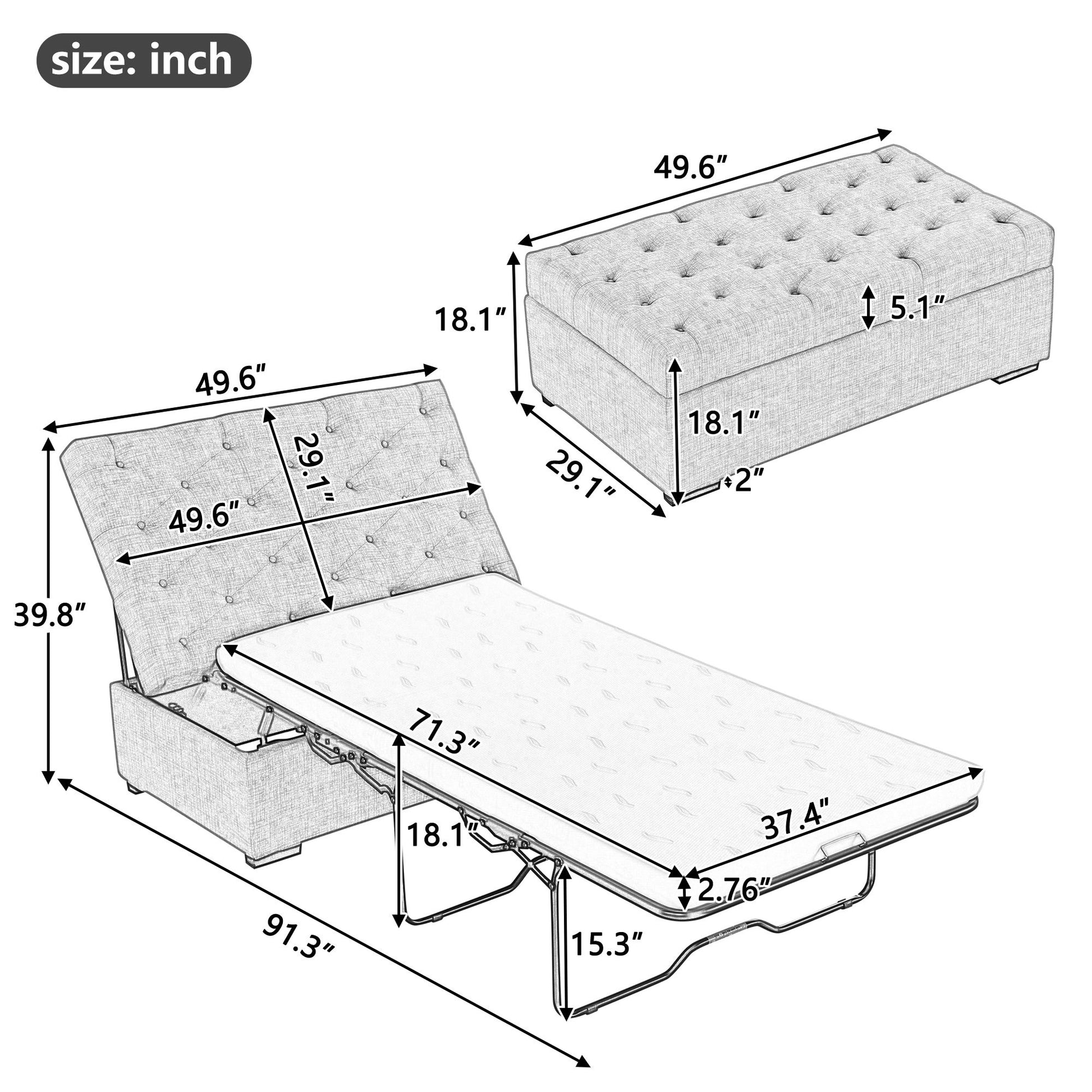 Convertible Folding Sofa Bed Ottoman With Memory Mattress And Tufted Design