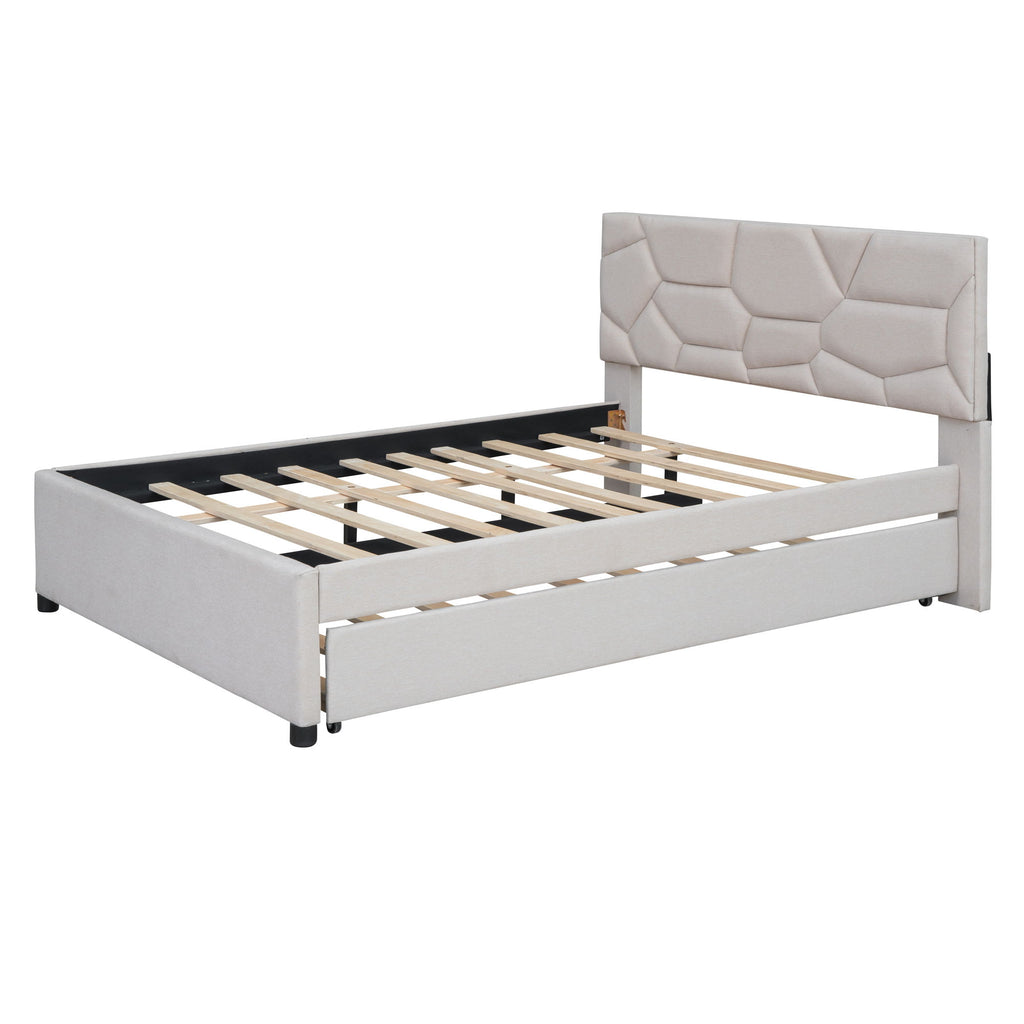Upholstered Platform Bed With Brick Pattern Headboard And Twin Long Size Trundle