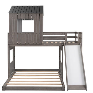 Loft Bunk Bed With Playhouse, Farmhouse, Ladder, Slide And Guardrails