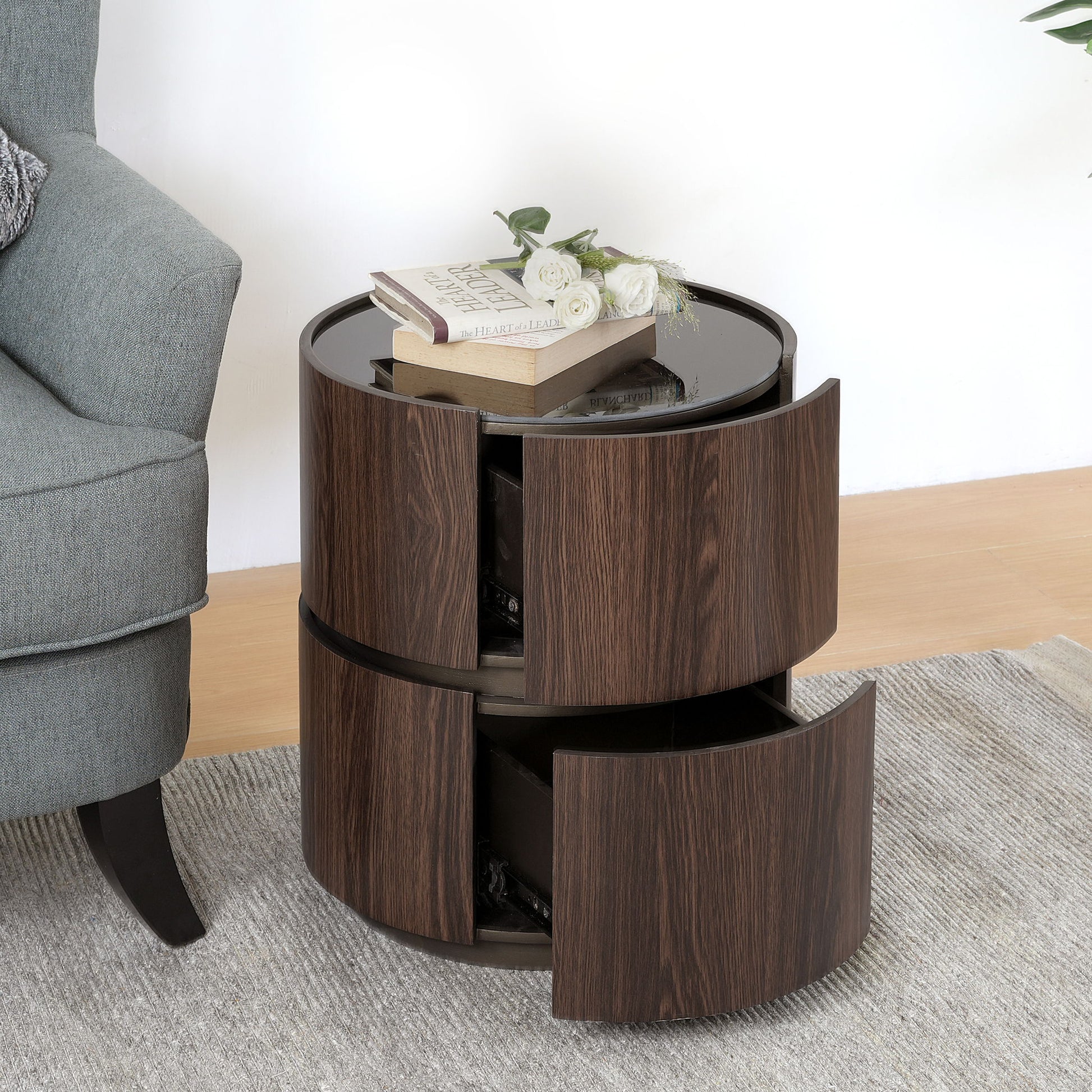 Elegant Italian High Grade Double Layer Storage Round Side Table - Brown / Black