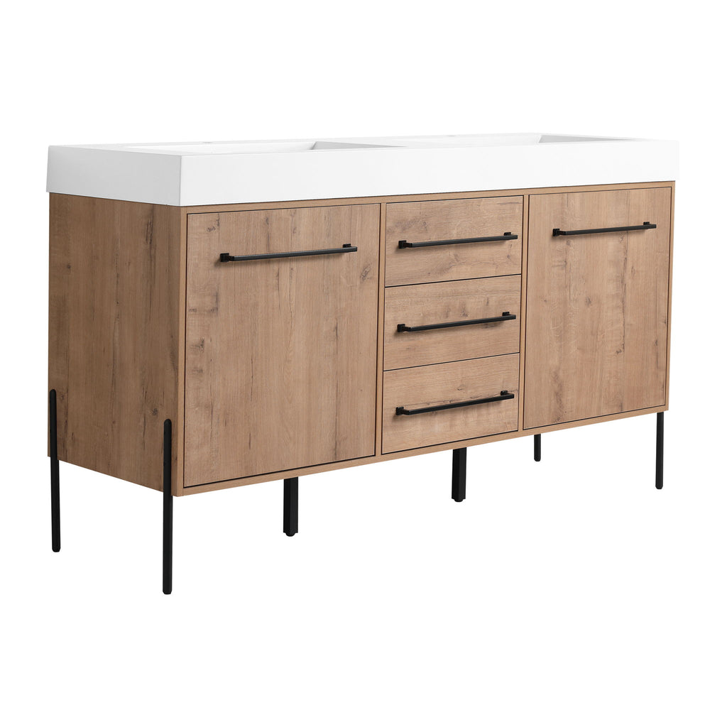 60" Freestanding Bathroom Vanity With Double Sink, Soft Close Doors, 3 Drawers - Imitative Oak