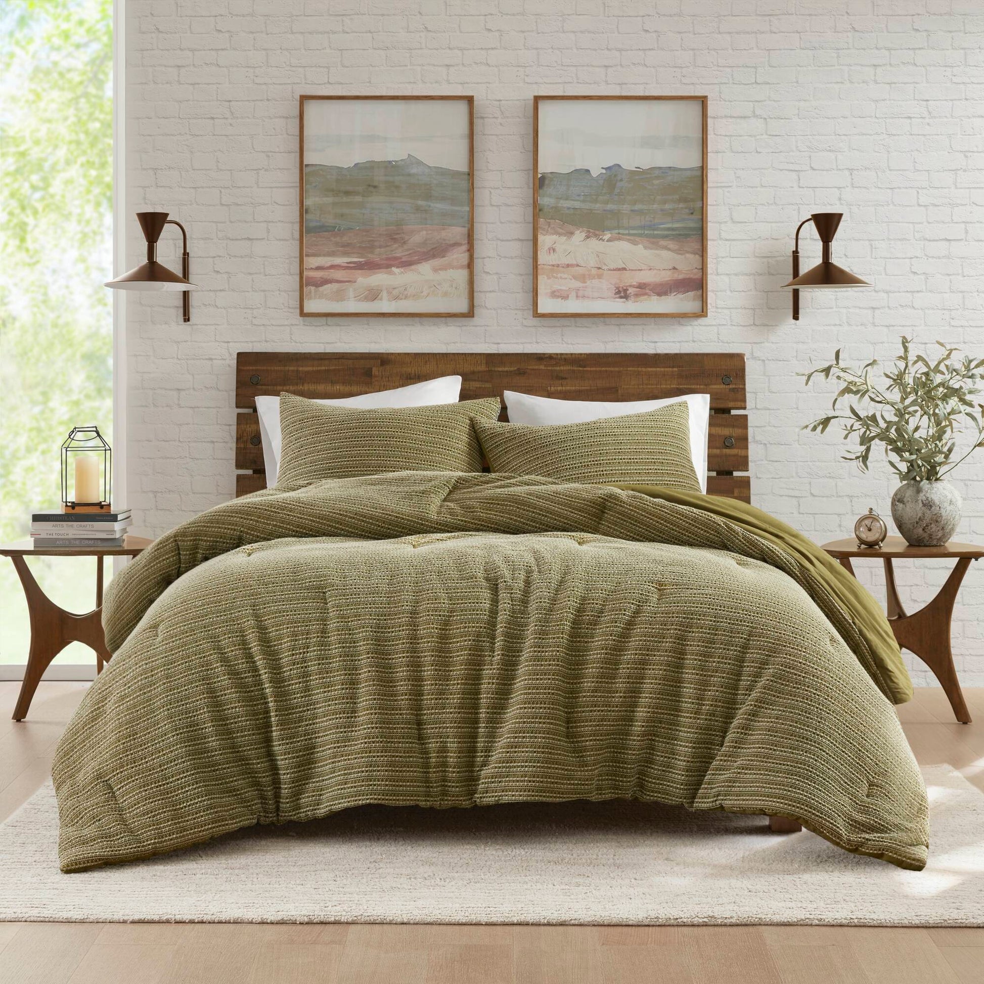 Lyon - 3 Piece King/California King Waffle Washed Comforter Set - Green