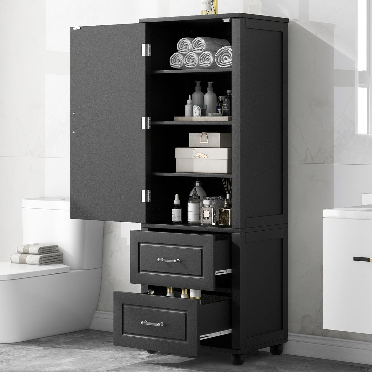 Tall Freestanding Bathroom Storage Cabinet With 2 Drawers And Adjustable Shelf