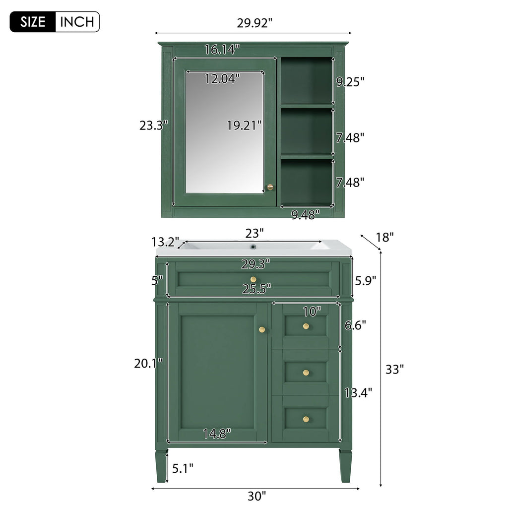 Bathroom Vanity With Top Sink, Storage Cabinet With 2 Drawers And Tip Out Drawer, Freestanding Set With Mirror Cabinet