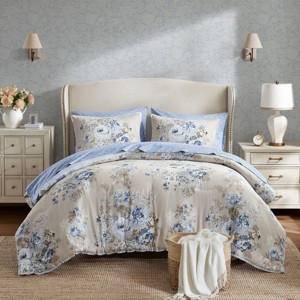Heather - Twin Long 5 Piece Vintage-Inspired Floral Print - Beige / Blue