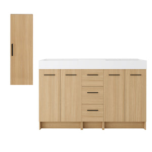 Double Sink Bathroom Vanity Set With Tall Linen Cabinet, 3 Drawers, Extra Large Storage, Integrated Sink, Freestanding Cabinet - Light Oak / White