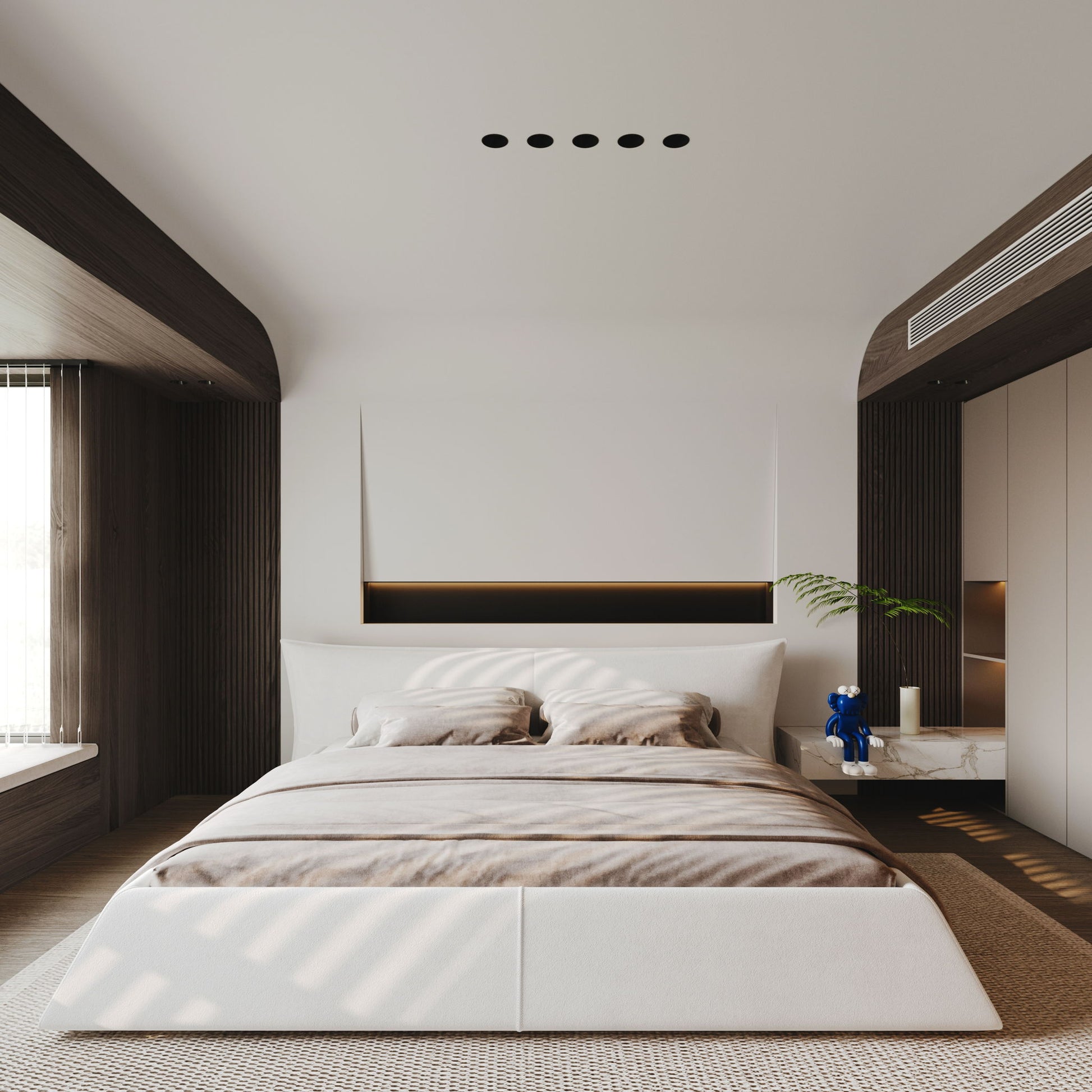 King Size Platform Bed With Special-Shaped Headboard - Cream