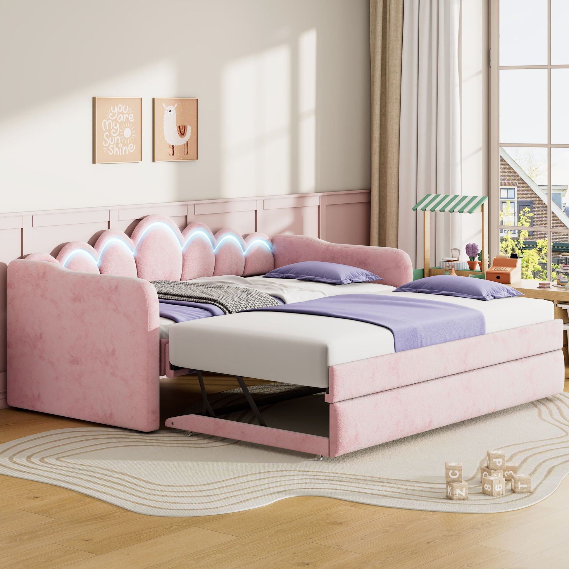 Upholstered Daybed With Adjustable LED Trundle