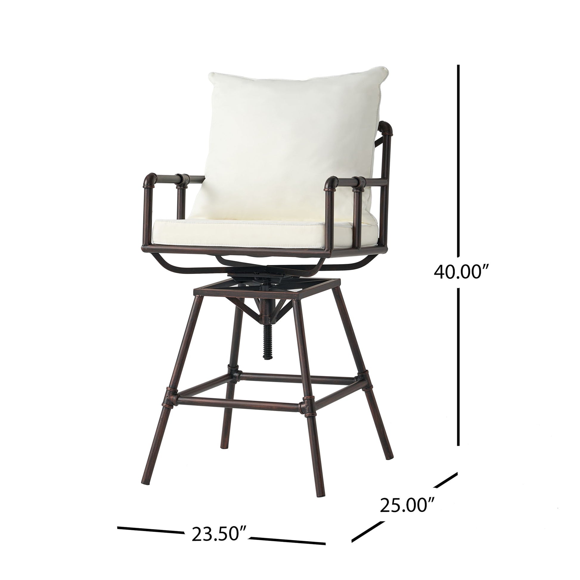 Industrial Outdoor Patio Plumber's Iron Frame Swivel Barstool With Cushions, Height Adjustable