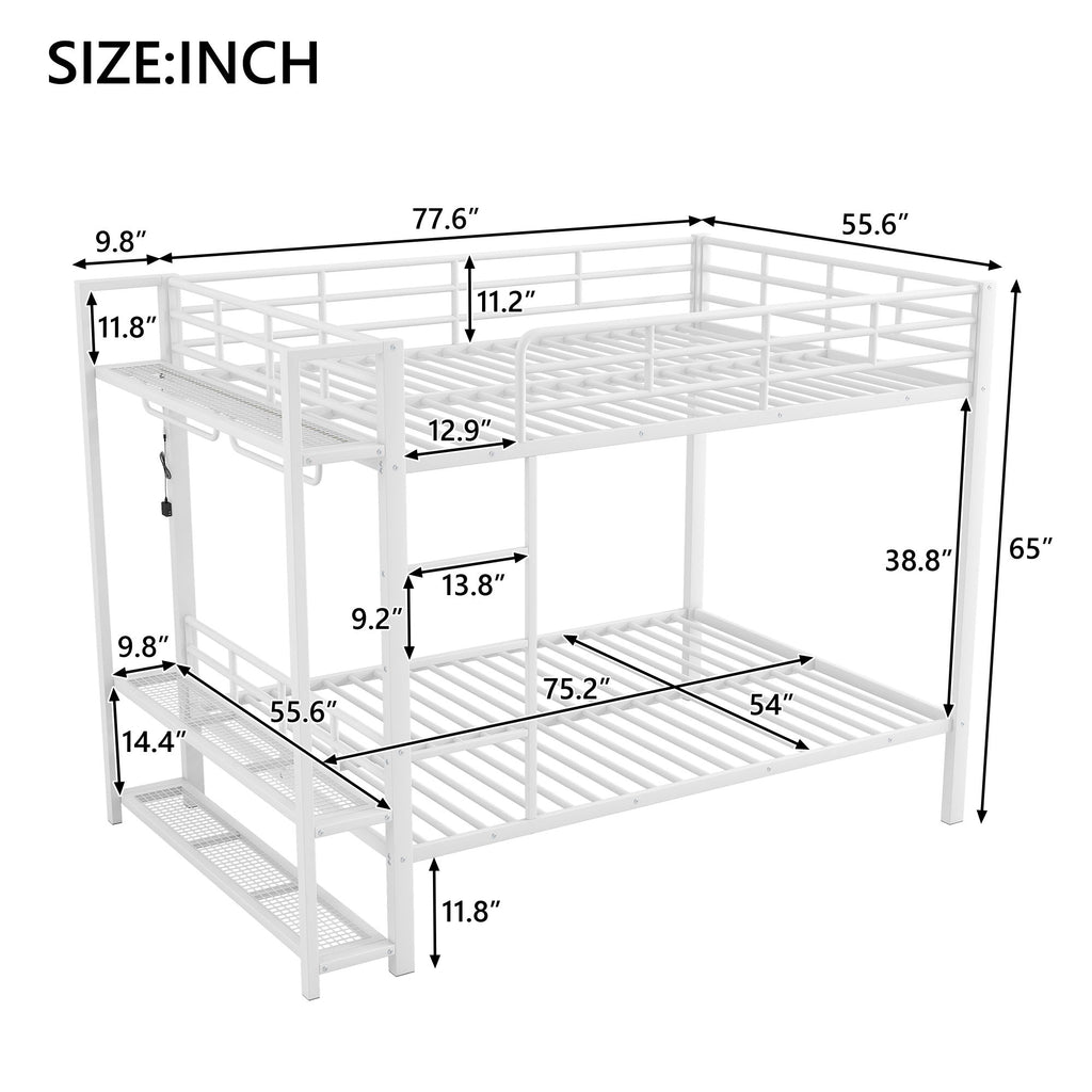 Bunk Bed With Storage Mesh Shelves, Clothes Hooks, LED Light