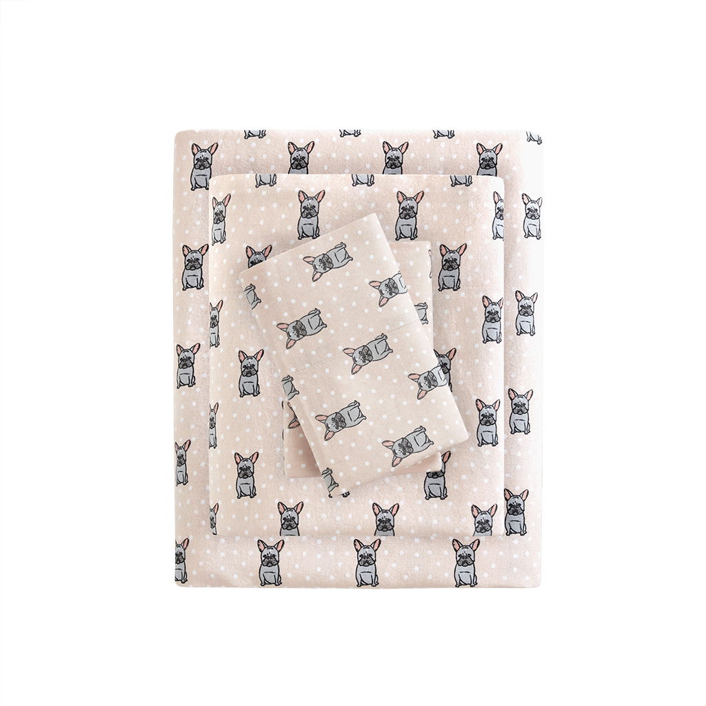 Cozy Flannel - Queen Printed Sheet Set - Pink French Bulldog