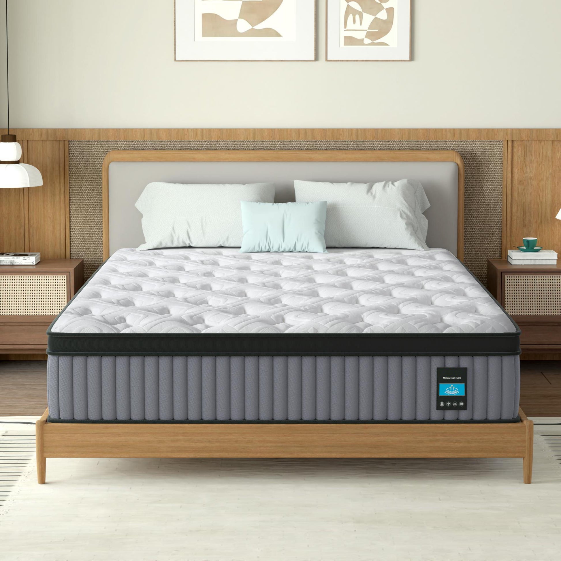 14" King Hybrid Mattress, Memory Foam & Pocket Spring Bed, Cooling, Pressure Relief, Back & Hip Support - Gray / White