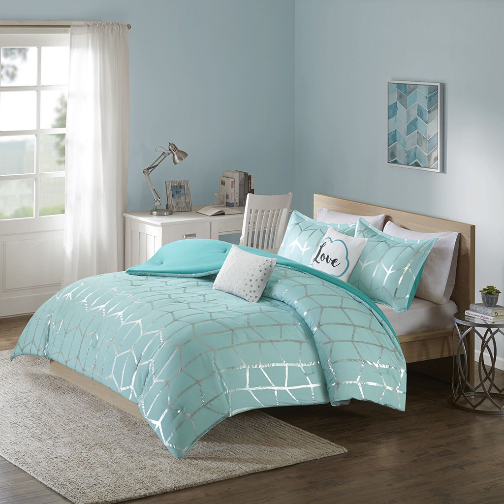 Raina - Metallic Printed Comforter Set - Aqua / Silver