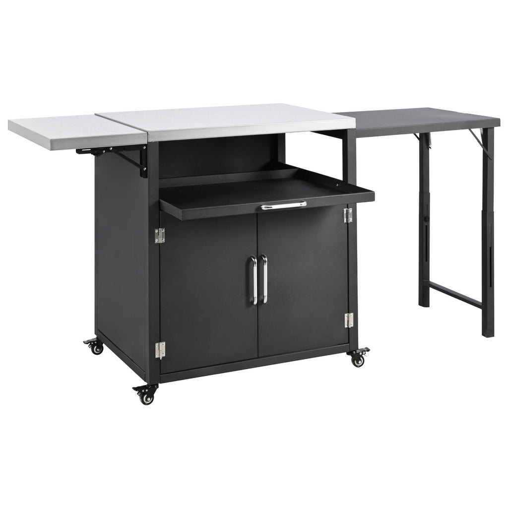 Versatile Outdoor Cabinet With Folding & Expandable Work Surfaces, Ample Storage Space, And Lockable Wheels - Matte Black