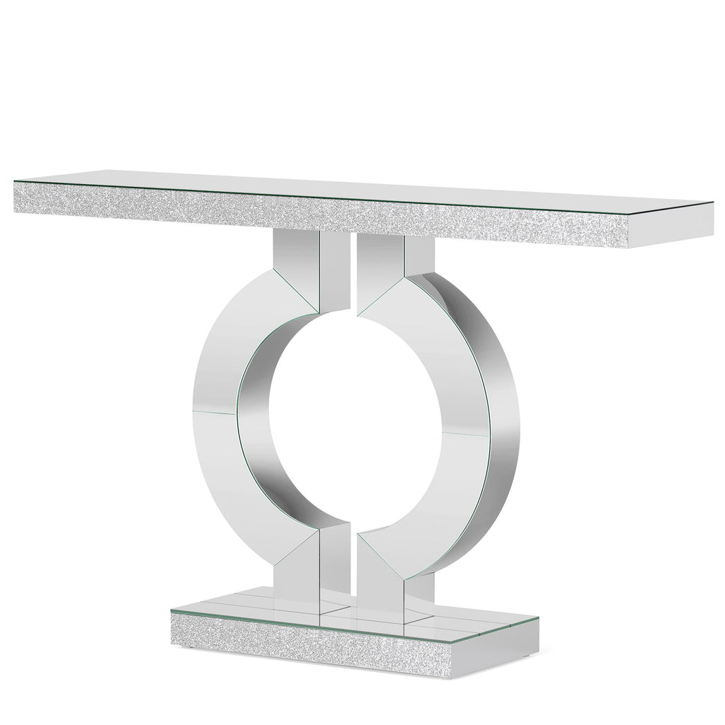 Mirrored Console Table With O-Shaped Base For Living Hallway - Silver / Clear