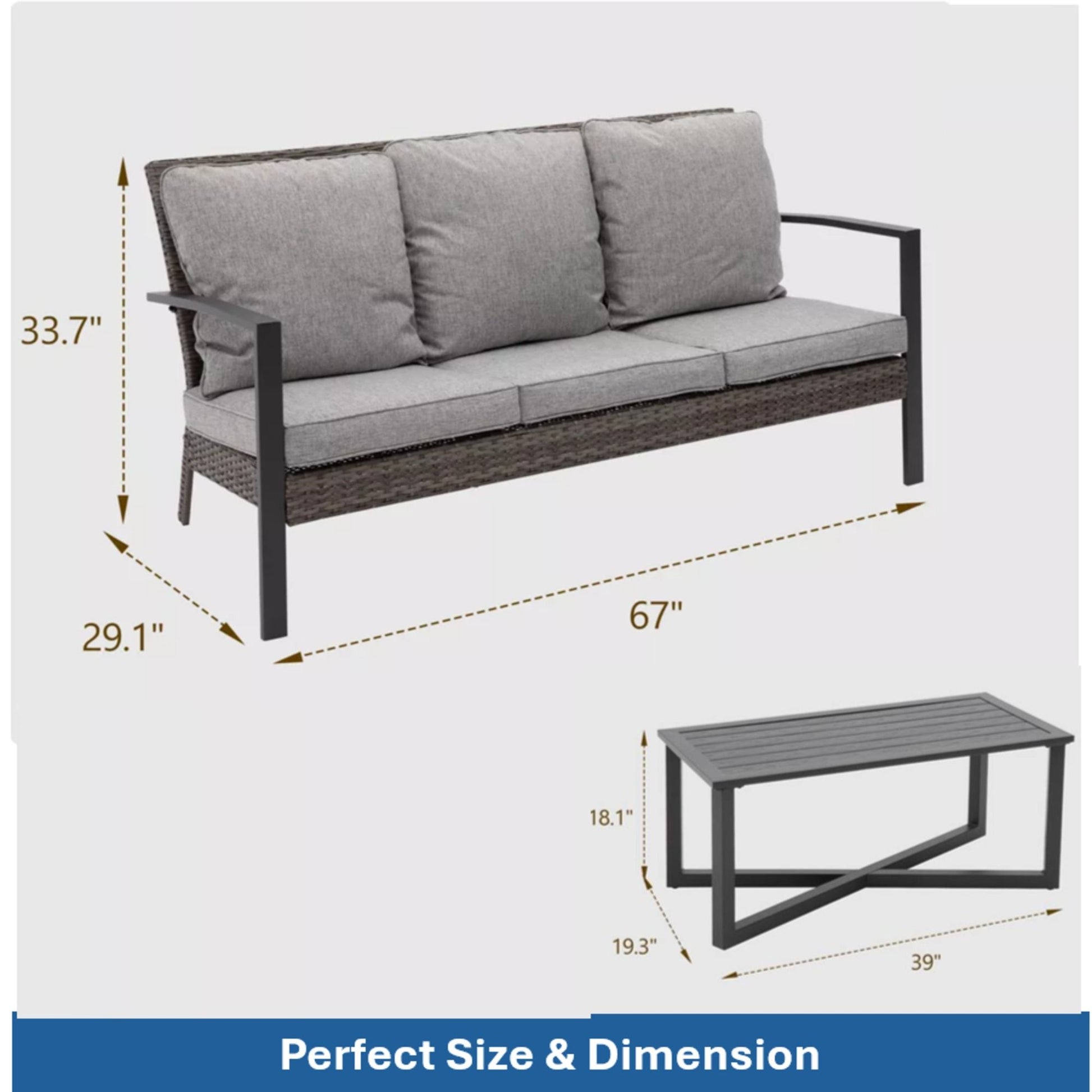 2 Piece Patio Set With Cushions & Coffee Table