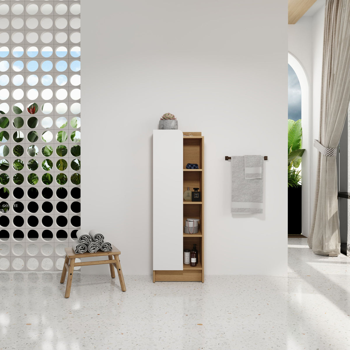 Tall Freestanding Bathroom Side Cabinet With Single Door & 4 Tier Open Shelves - Black / Light Oak / White