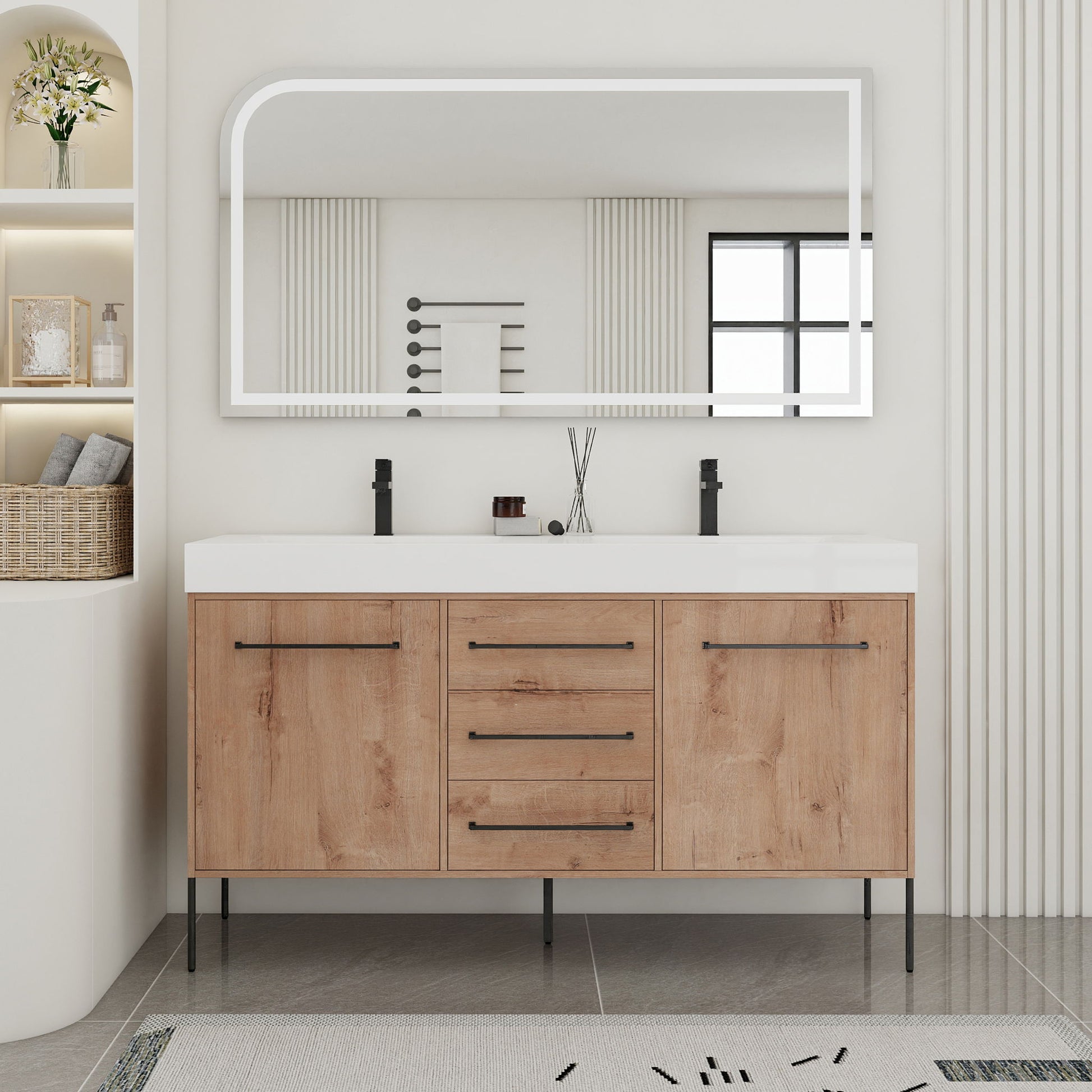 60" Freestanding Bathroom Vanity With Double Sink, Soft Close Doors, 3 Drawers - Imitative Oak