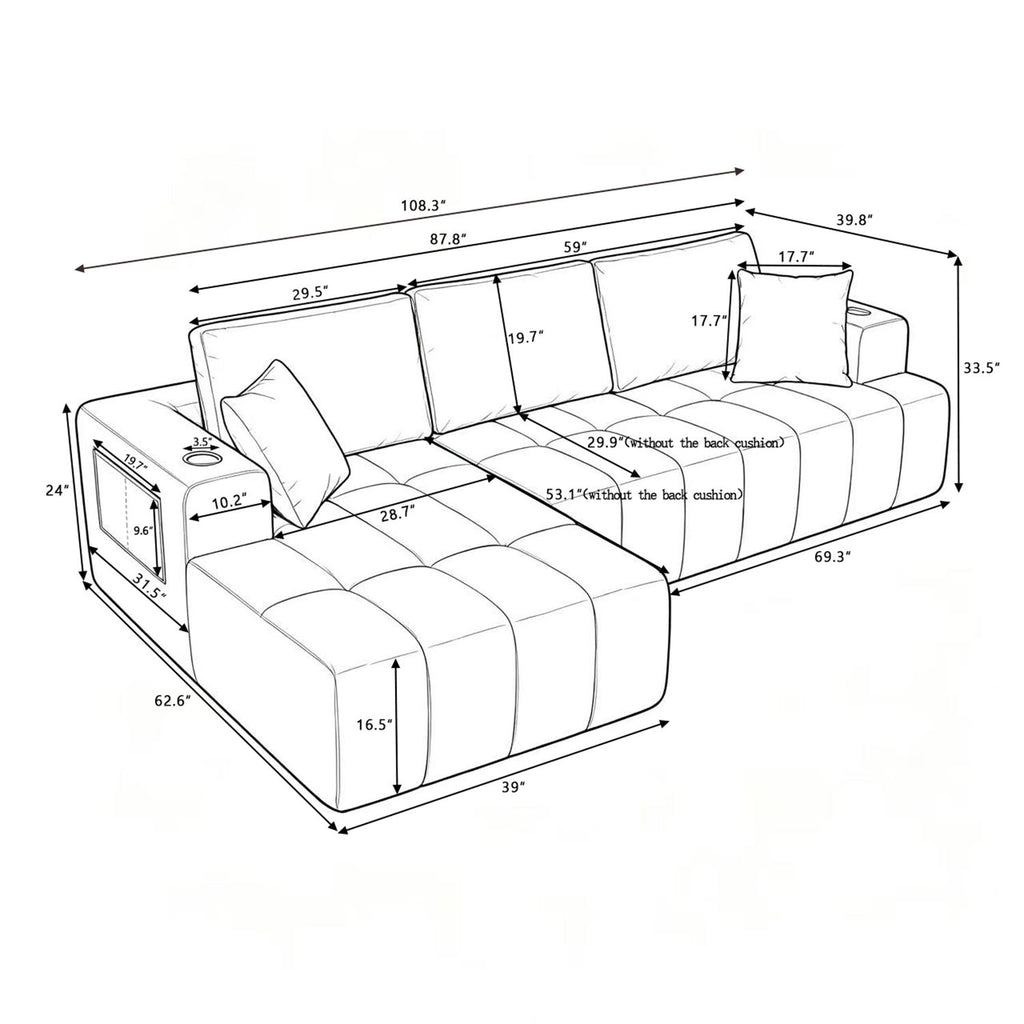L - Shaped Sectional Sofa With Cup Holders & Side Pockets