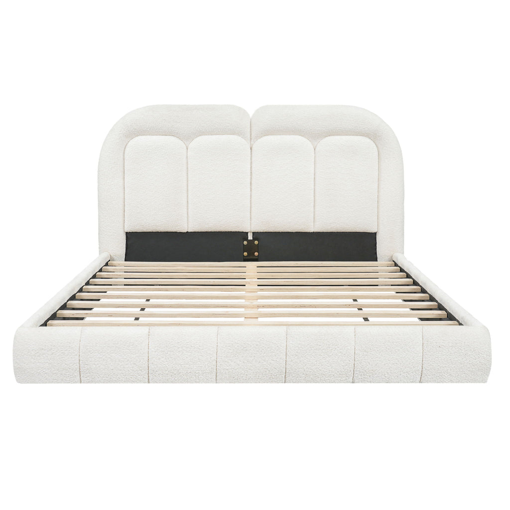 Queen Size Upholstered Platform Bed With Tufted Headboard - White