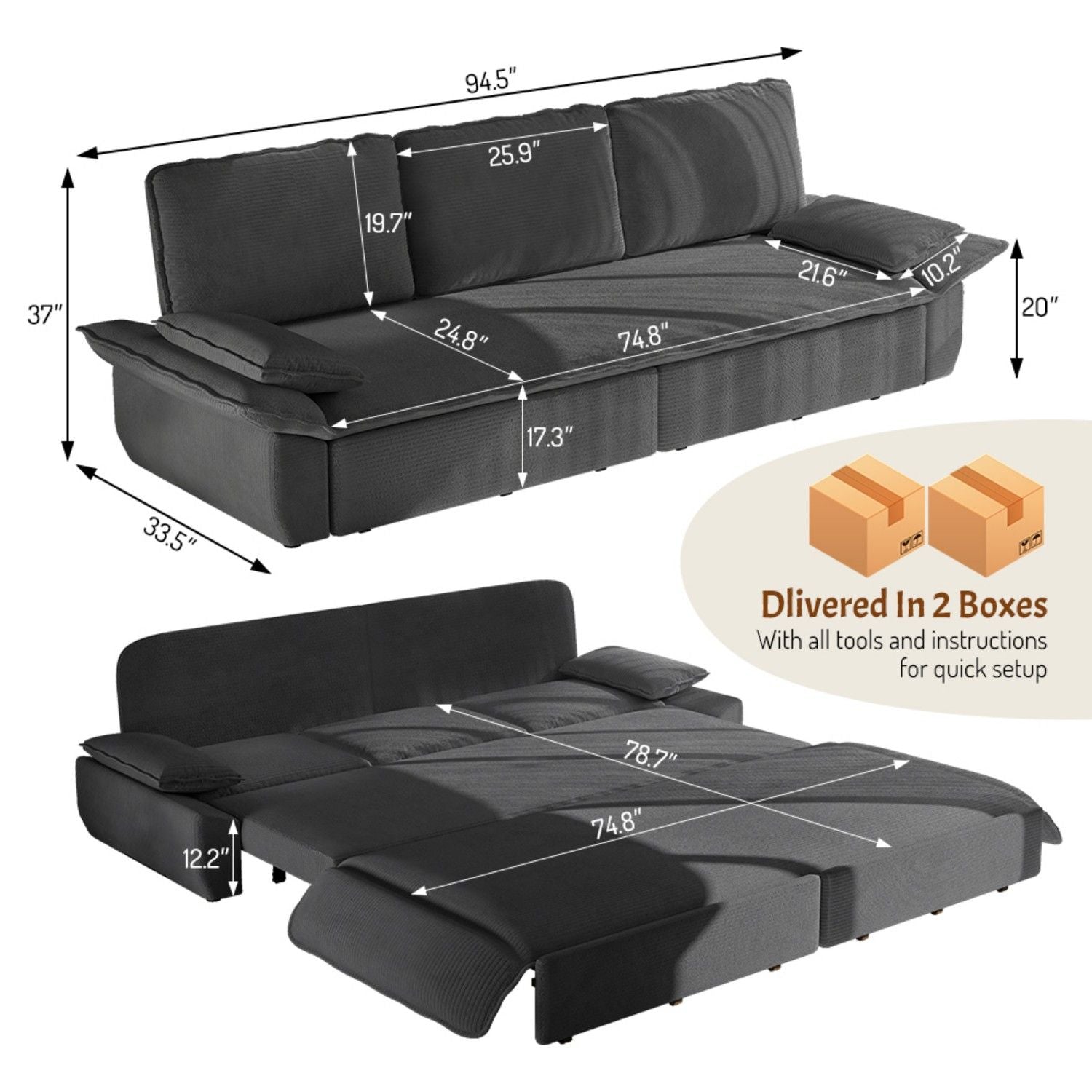 King Size Pull Out Sofa Bed, 3 In 1 Convertible Multifunctional