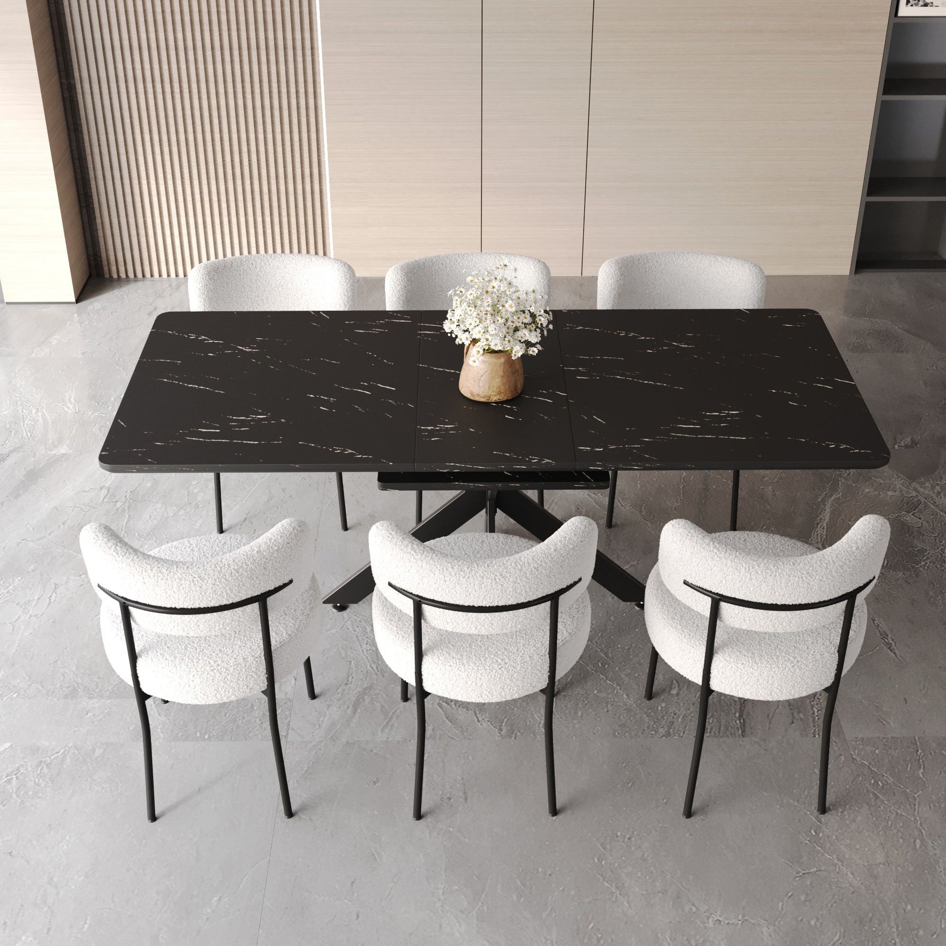 Extendable Dining Table Set With Curved Backrest Upholstered Chairs