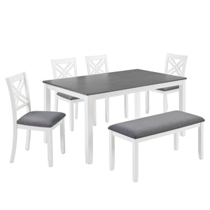 6 Piece Kitchen Dining Set, Rectangular Dining Table With 4 Upholstered Chairs And Bench - Gray / White