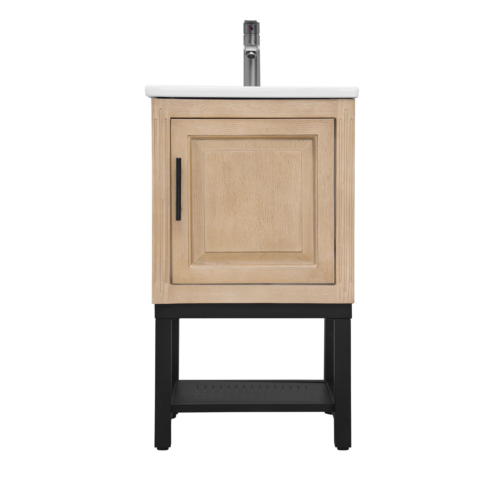 Modern Freestanding Bathroom Vanity With Ceramic Sink, Hot And Cold Faucet, 1 Door Cabinet & Open Shelf