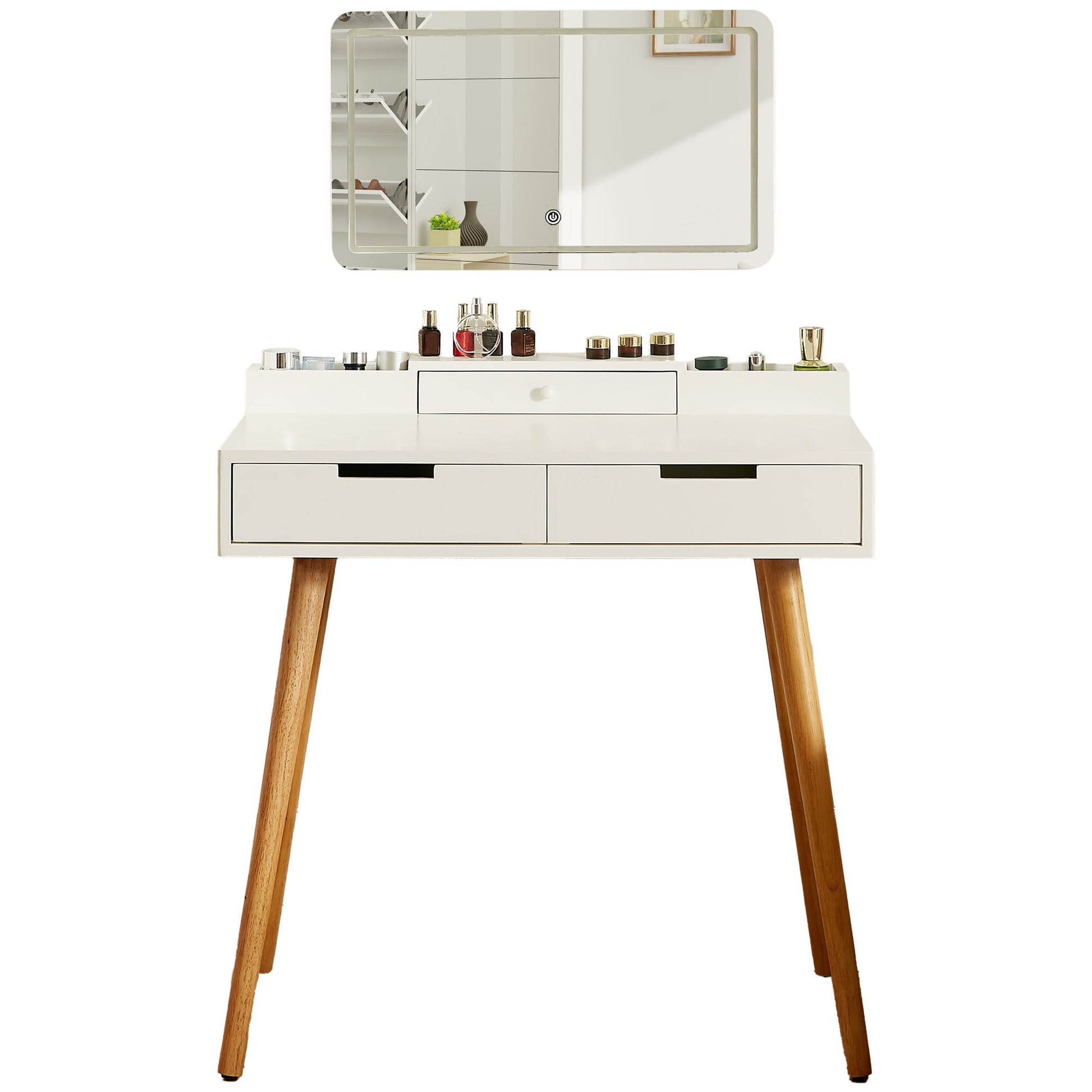 Makeup Vanity Desk With Removable Mirror And Lights, 3 Color Modes & Adjustable Brightness Dressing Table, Small Vanity Table Set With 2 Drawers For Bedroom - White