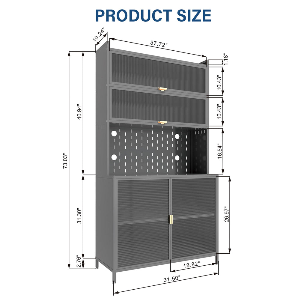 Tall Kitchen Pantry Cabinet With Flip Doors And Pegboard, Anti Tip Steel Storage Hutch