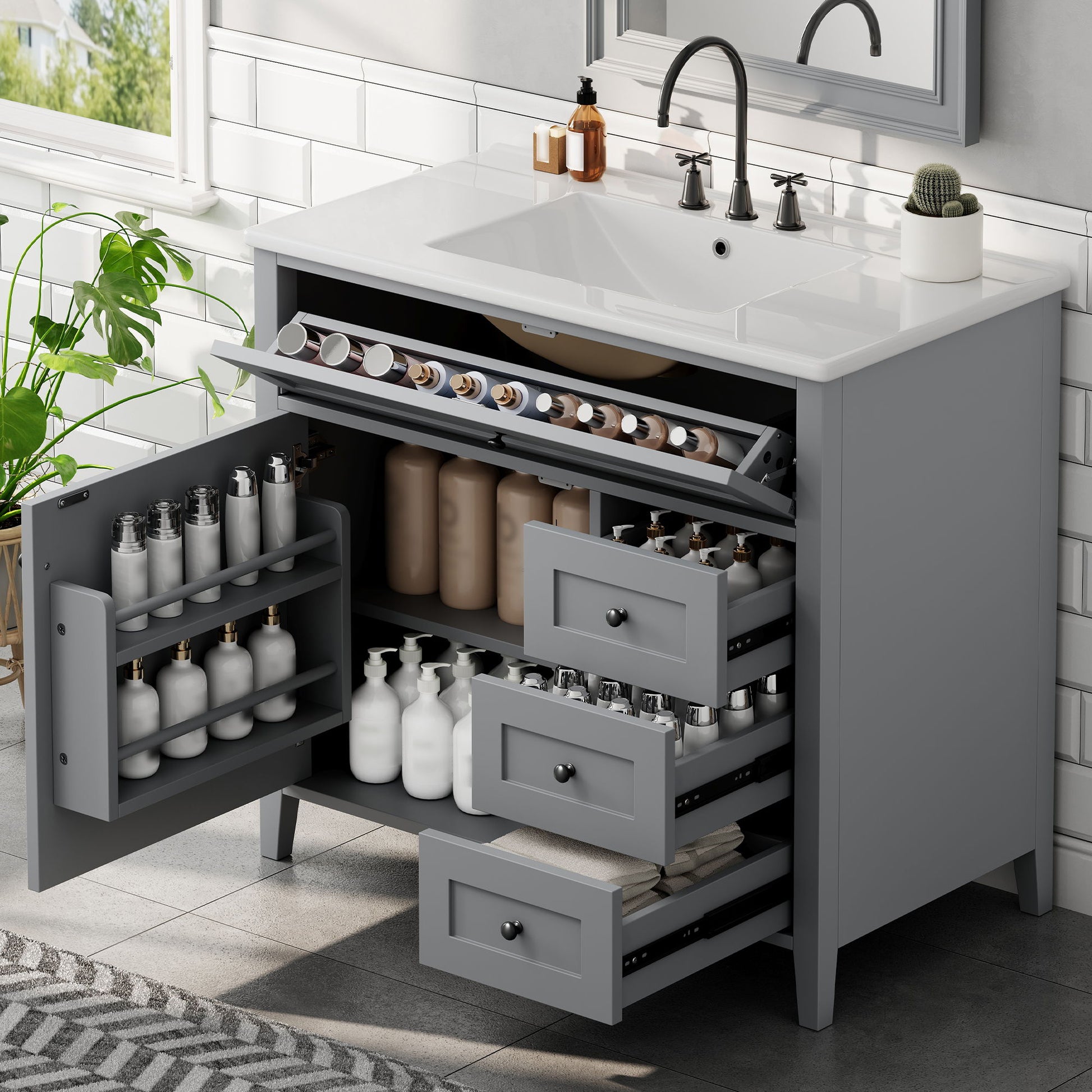 Bathroom Vanity With Sink, Cabinet With 3 Drawers And Adjustable Shelf