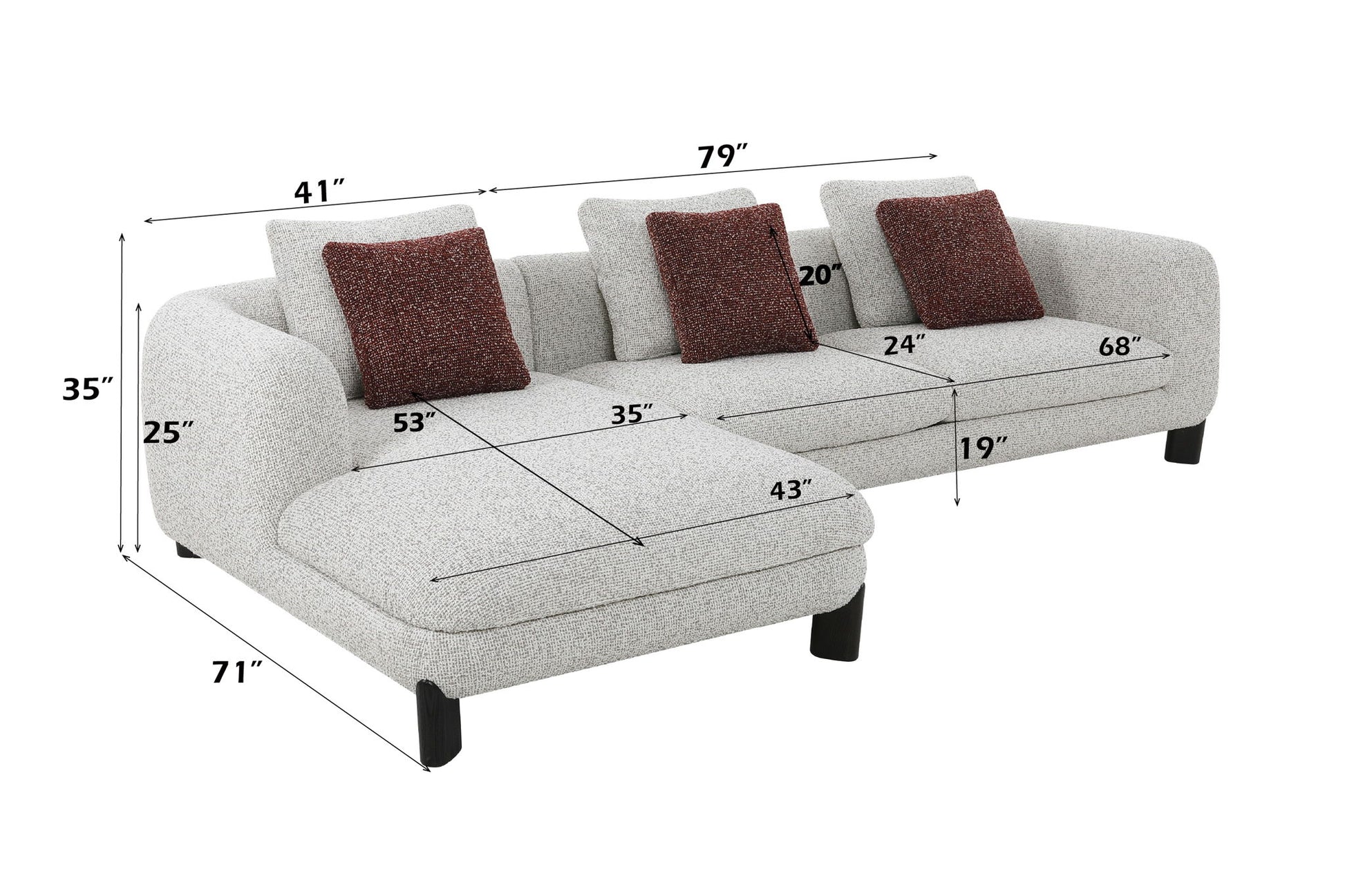 Mardi - Tweed Sectional Sofa With 3 Pillows - Maroon / Beige