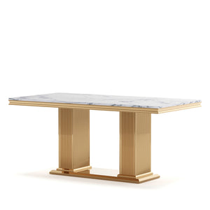 Marble Printed Top Rectangular Dining Table, Stainless Steel Base With Mirrored Finish