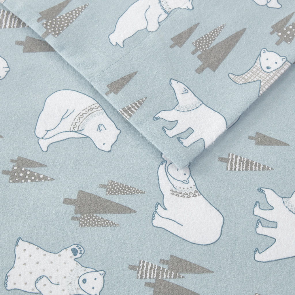Cozy Flannel - King Printed Sheet Set - Blue Polar Bears