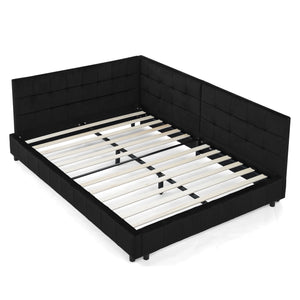 Mid-Century Storage Upholstered Tufted Bed Frame With Backrest And Armrests