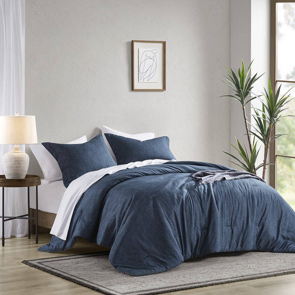 Camden - Full/Queen Chambray Print Solid Comforter Set - Navy