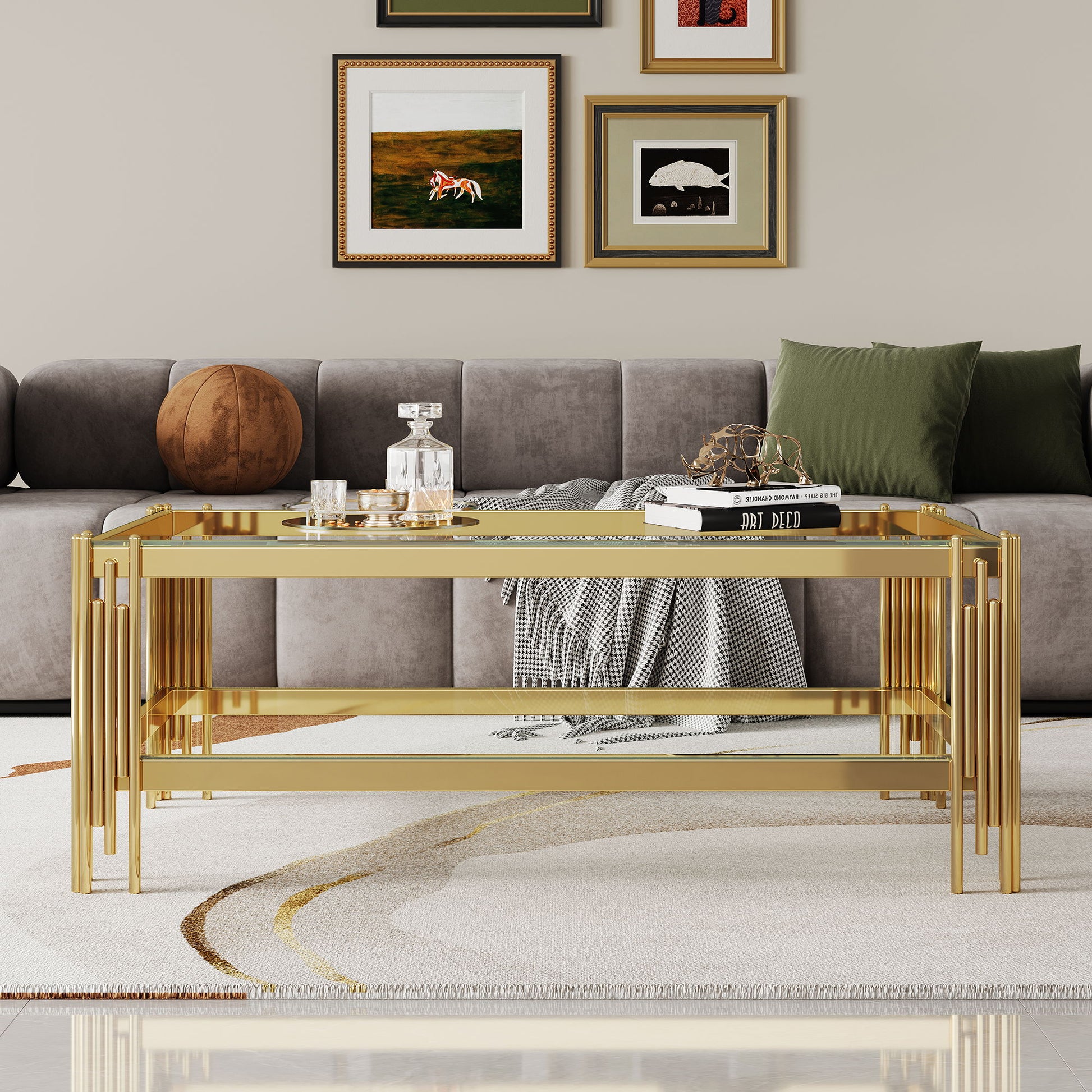 Coffee Table With Double Tier, Rectangular Design - Gold
