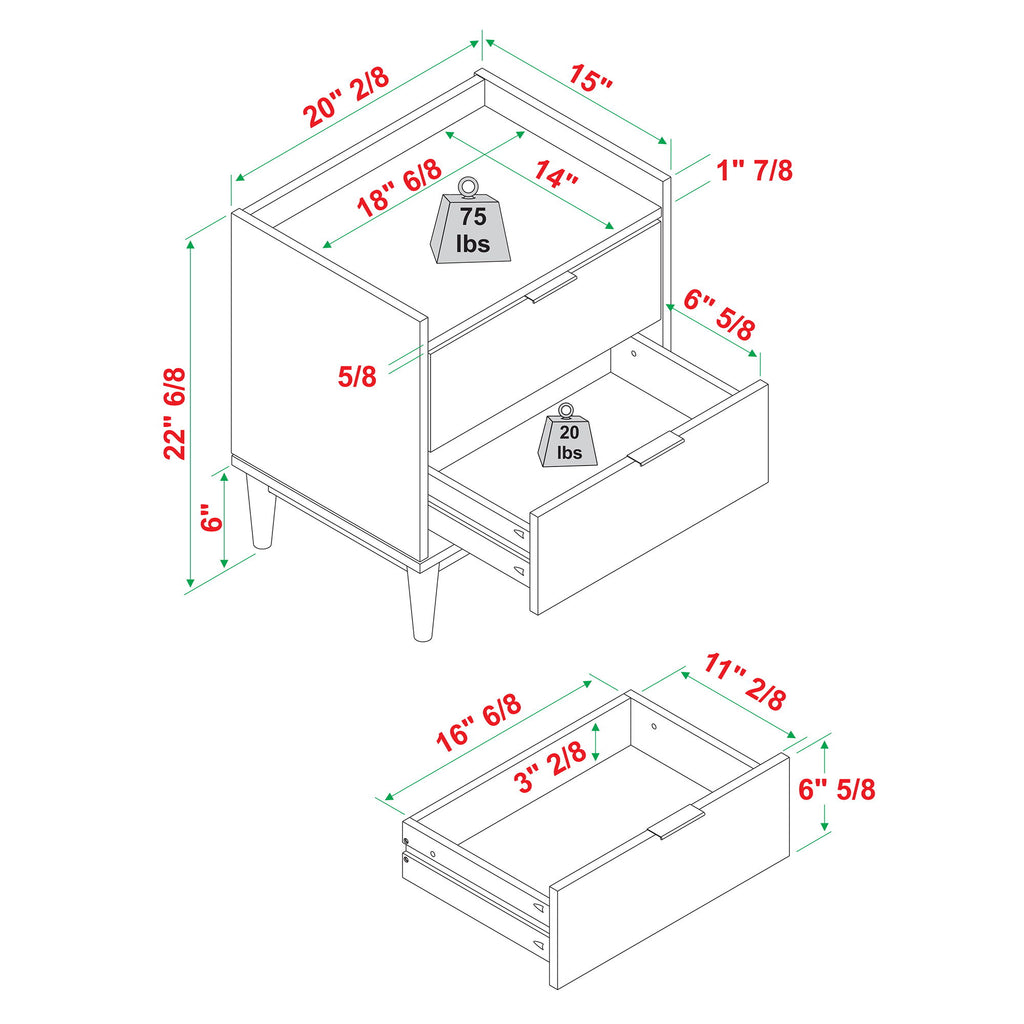 Modern 2 Drawer Nightstand - Natural Pine