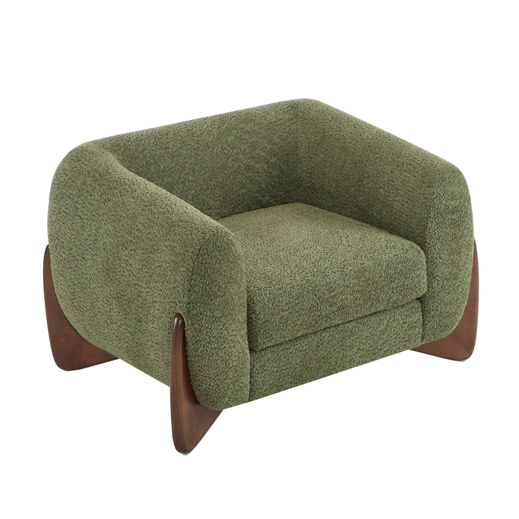 Modern Upholstered Boucle Arm Chair With Tuxedo Design And Triangular Legs