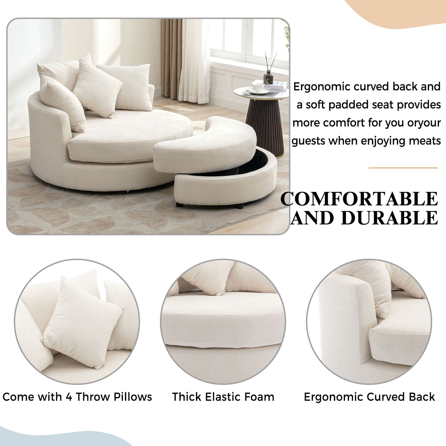 360° Swivel Accent Barrel Chair With Storage Ottoman & 4 Pillows, Modern Chenille Leisure Chair Round Accent For Living Room