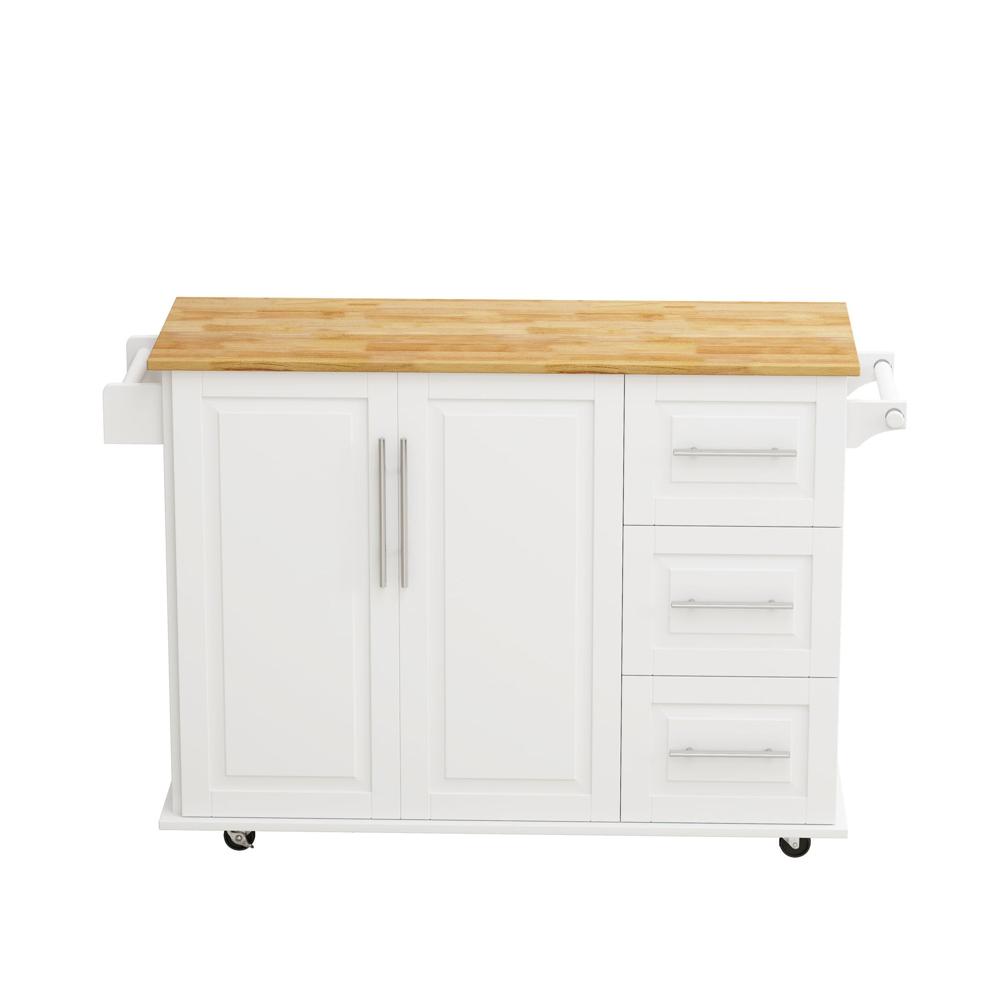 Kitchen Island Cart With 2 Door Cabinet, 3 Drawers, Spice Rack & Towel Rack - White