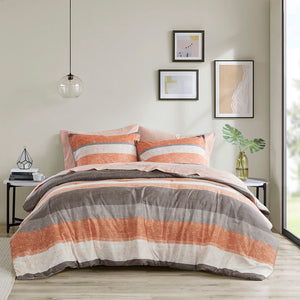 Jaxon - 7 Piece Full Stripe Comforter Set With Bed Sheets - Coral/Gray