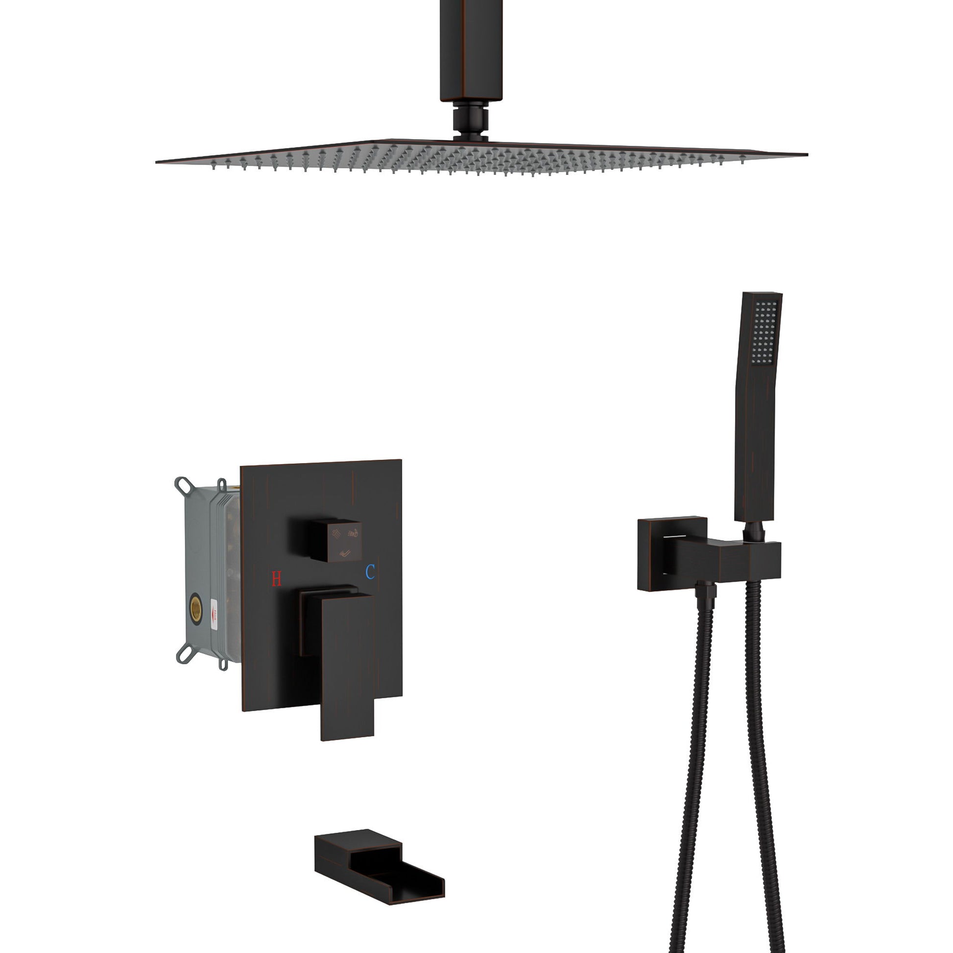 Shower System With Waterfall Tub Spout And 16" Ceiling Mount Square Rain Shower - Oil-Rubbed Bronze