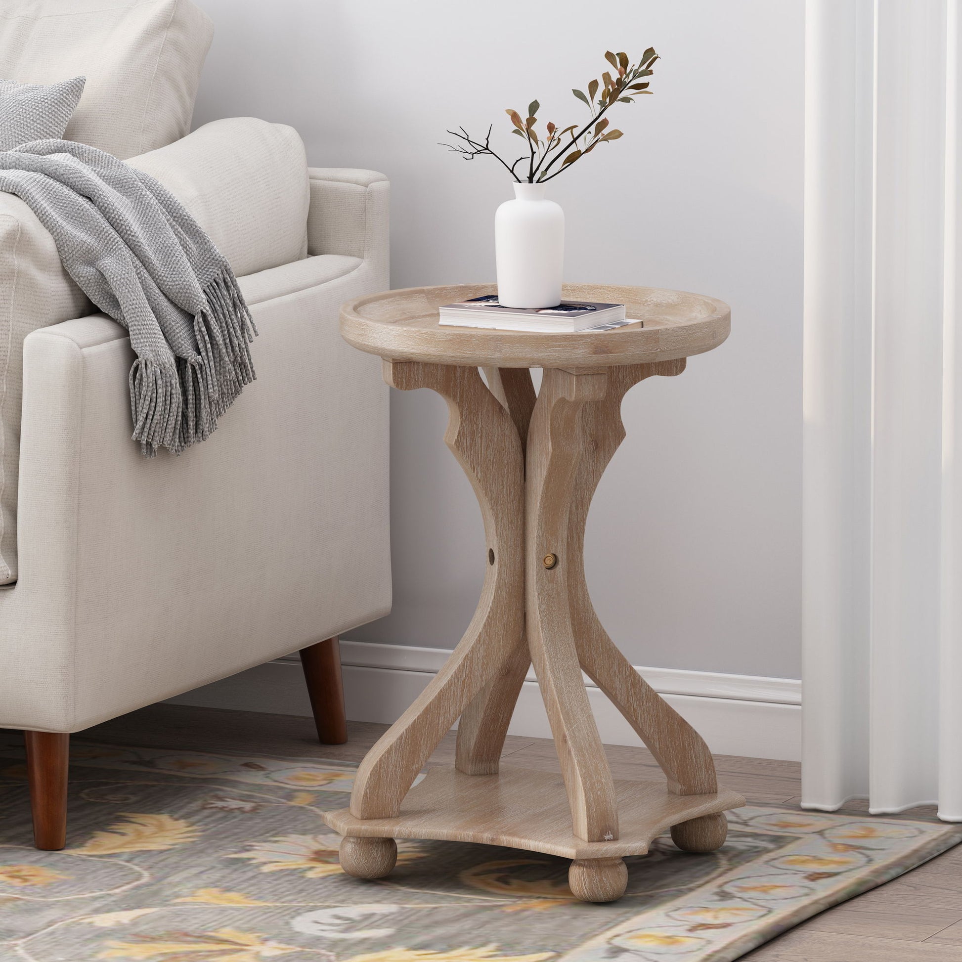 Rustic French Country Accent Table With Hourglass Firwood Base And Lipped Top