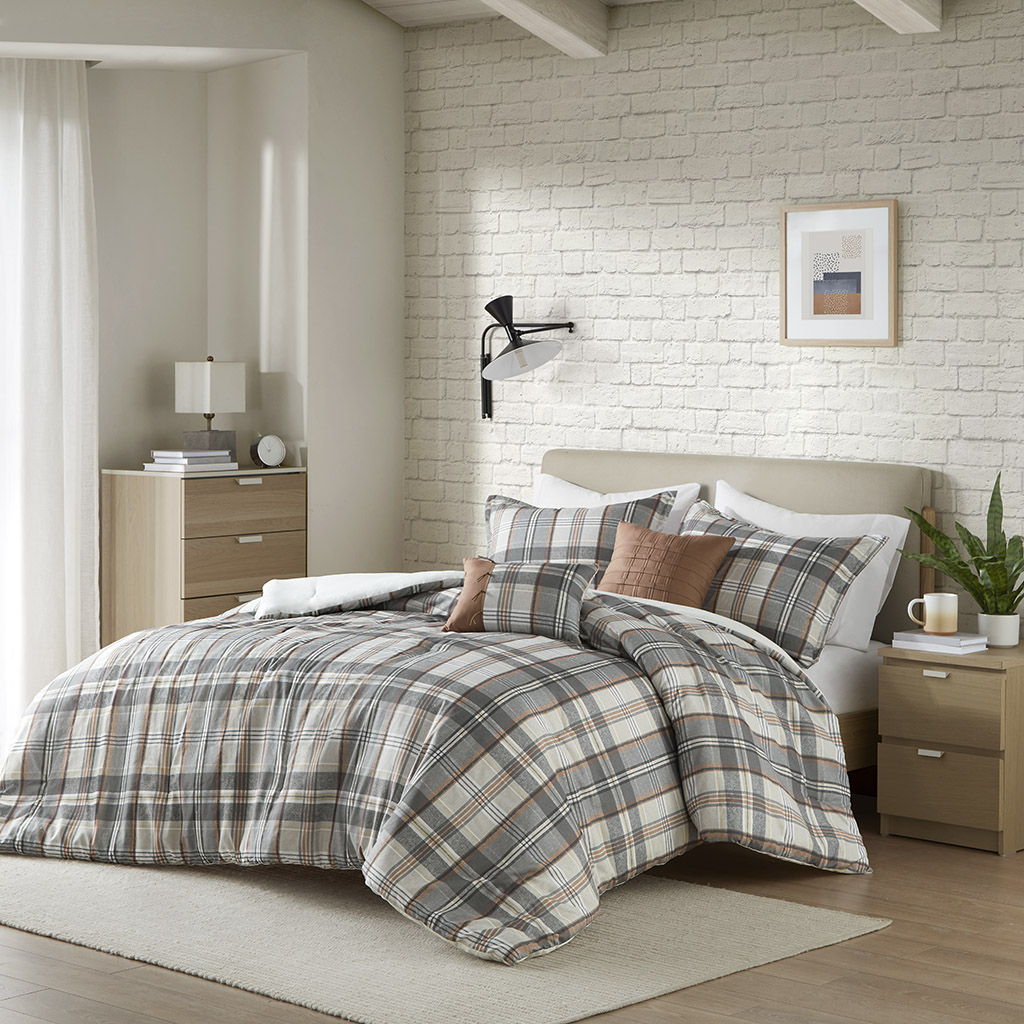 Blake - Plaid Comforter Set - Tan / Gray