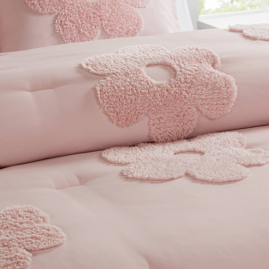 Gracie - Full/Queen Floral Reversible Comforter Set With Flower Throw Pillow - Pink