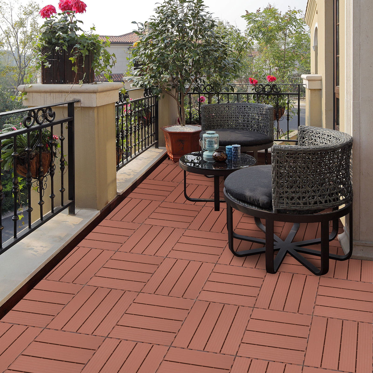 Plastic Interlocking Deck Tiles, Patio Flooring Outdoor Waterproof All Weather Use For Garden Poolside Front / Back Yard (Set of 44) - Mahogany