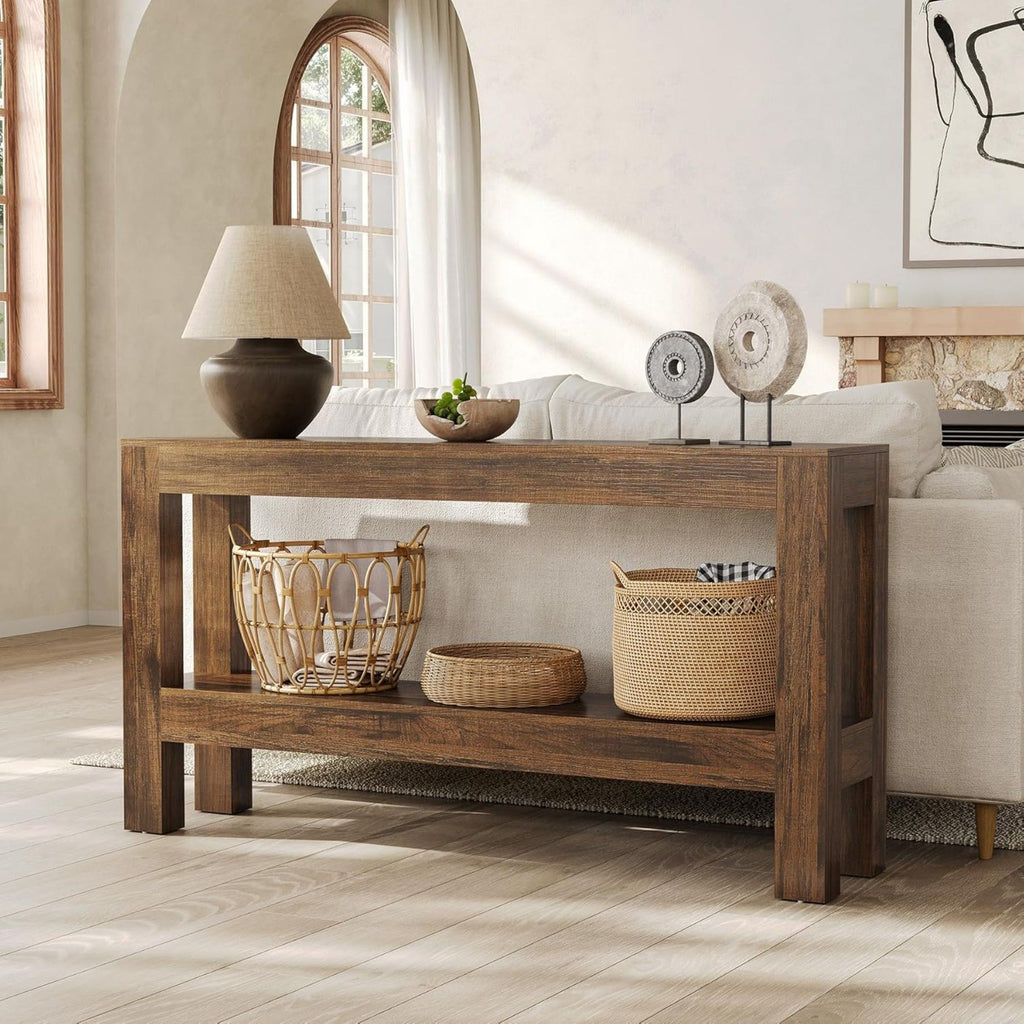 2 Tier Narrow Console Table With Storage For Entryway - Brown
