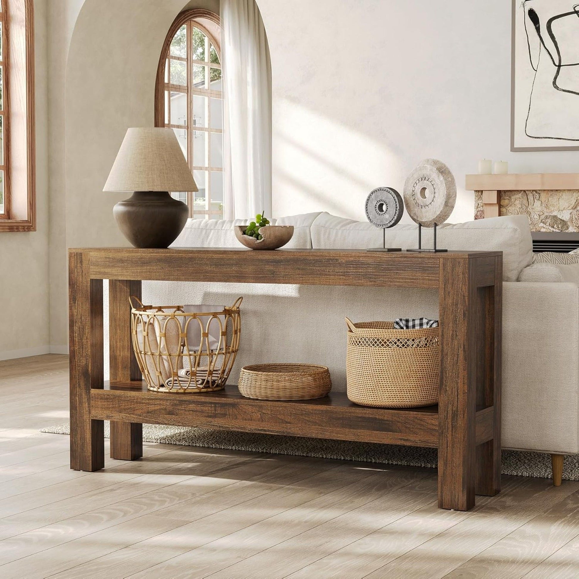 2 Tier Narrow Console Table With Storage For Entryway - Brown