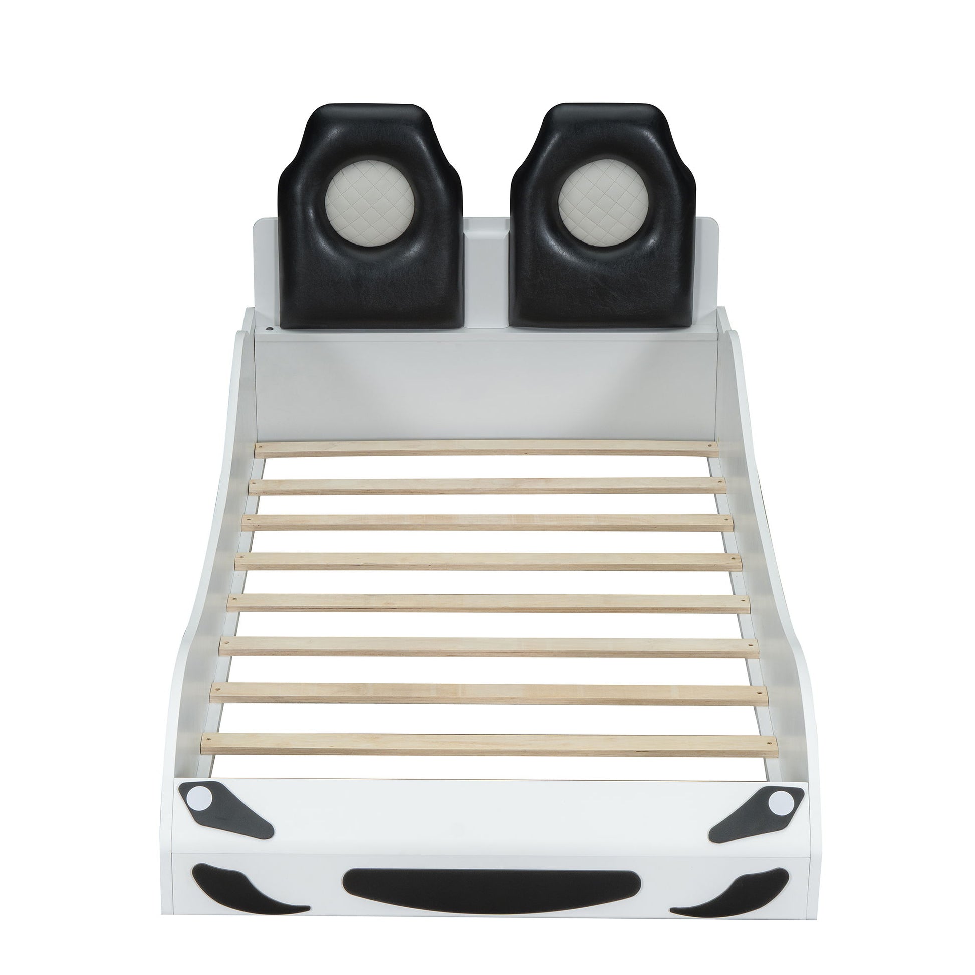 Race Car Shaped Platform Bed With LED And Upholstered Backrest In